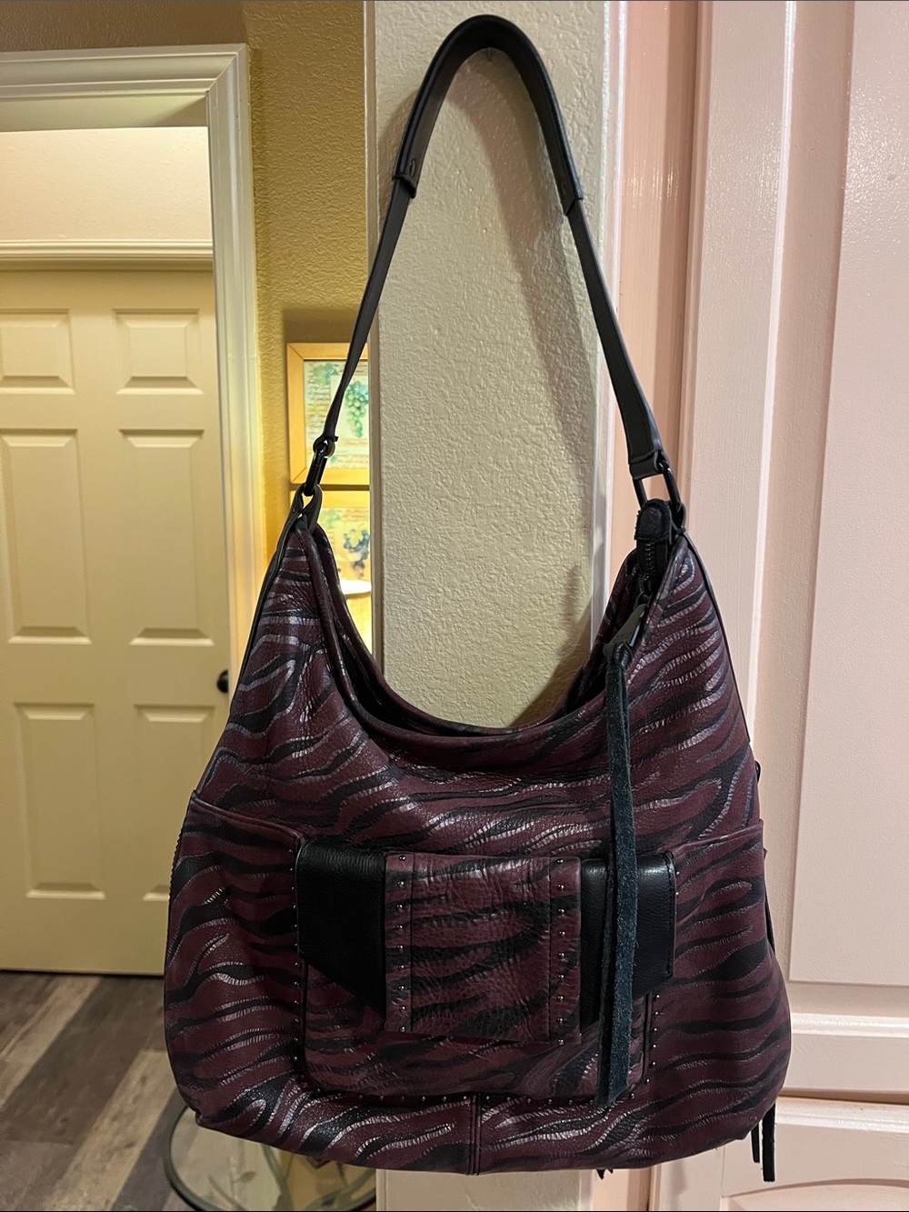 Aimee Kestenberg Burgundy Zebra-Print Shoulder Hobo Bag with Black Strap